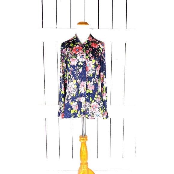Vintage Tops - Vintage 70s blue pink floral silky lightweight long sleeve polka dot blouse